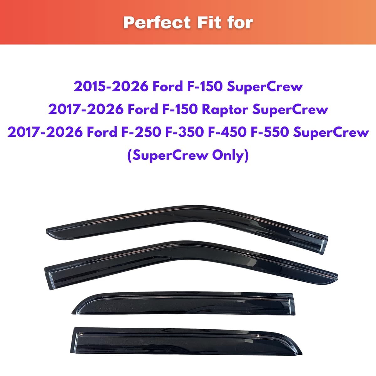 KPY Rain Guards Fit for 2015-2026 Ford F150 SuperCrew, Out-Channel Window Visor Vent Deflector 4PC, Truck Accessories for 2017-2026 F150 Raptor F250 F350 F450 F550 Super Duty Crew Cab (Full-Size Cabs) — view 2