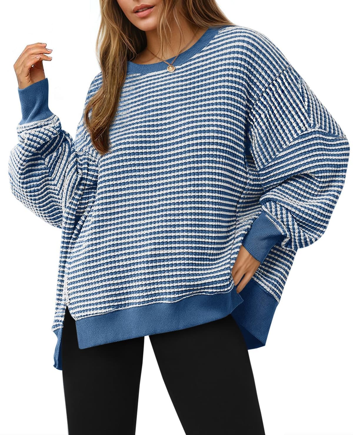 Sudadera de otoño de gran tamaño para mujer, informal, de punto gofre, manga larga, cuello redondo, dividida, túnica — view 7