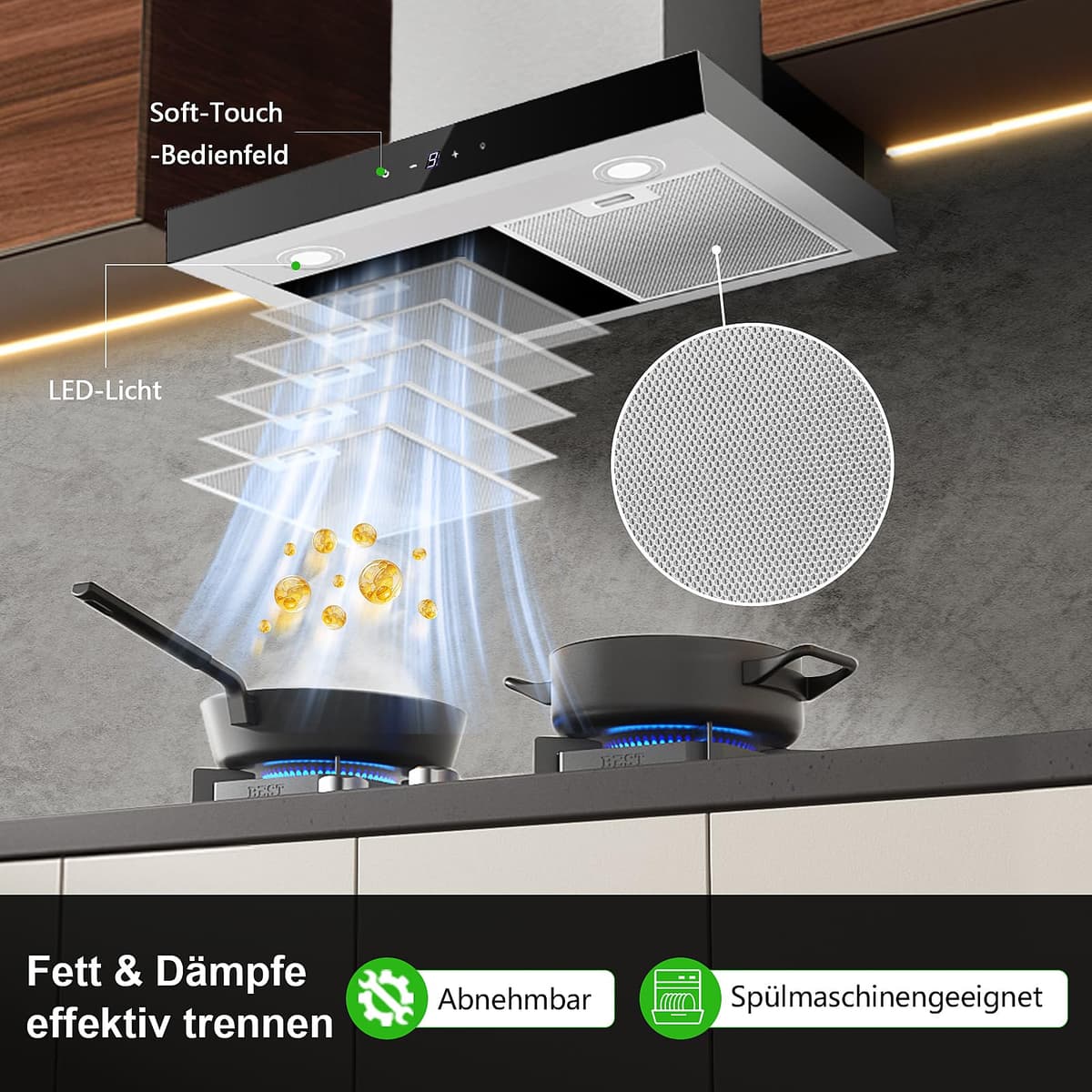 Campana Extractora 60 cm, TopStrong Clase A++ Campana Cocina Decorativa 60 cm Blanco con Filtro Carbono, Evacuación al Exterior & Recirculación Interna, Bajo Consumo, 350m³/h, 3 Niveles, LED — view 4