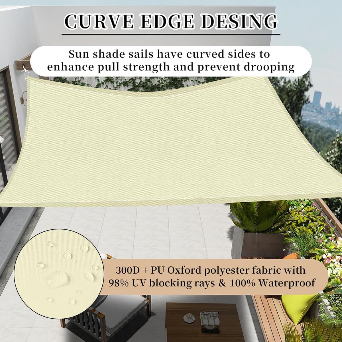 RICHIE Sun Shade Sail Rectangle 2m x 4m Waterproof, 98% UV Block Awnings for Patios with Free Rope, Sunscreen Awning Canopy, Rectangular Garden Shelter for Outdoor Garden Patio Yard Lawn Party, Beige — view 2