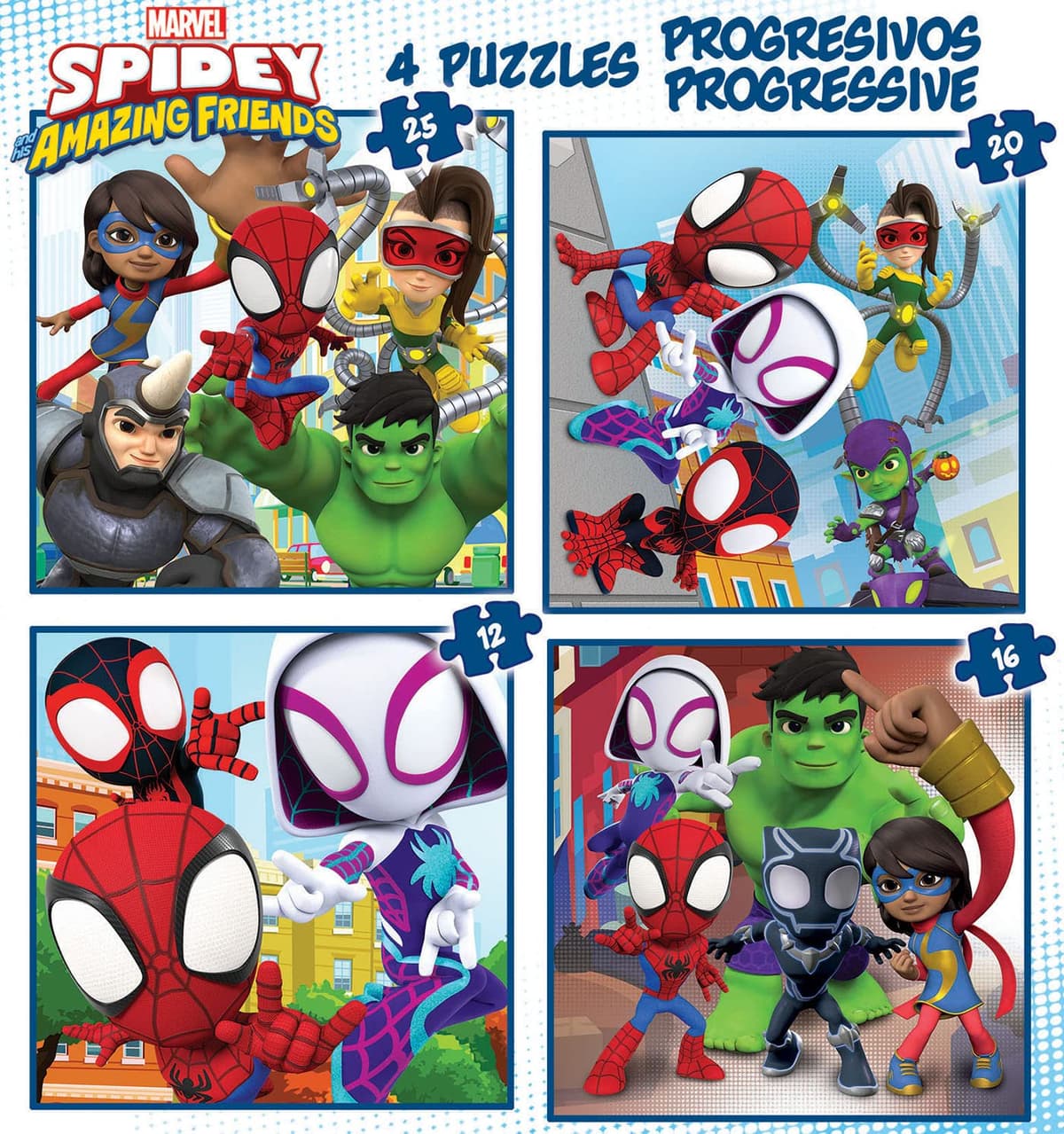 Educa - Progresivos Spidey and His Amazing Friends 12-16-20-25 4 Puzzles progresivos de cartón con 12-16-20-25 Piezas Medida aproximada de Cada Puzzle 16 x 16 cm A Partir de 3 años (19295) — view 2