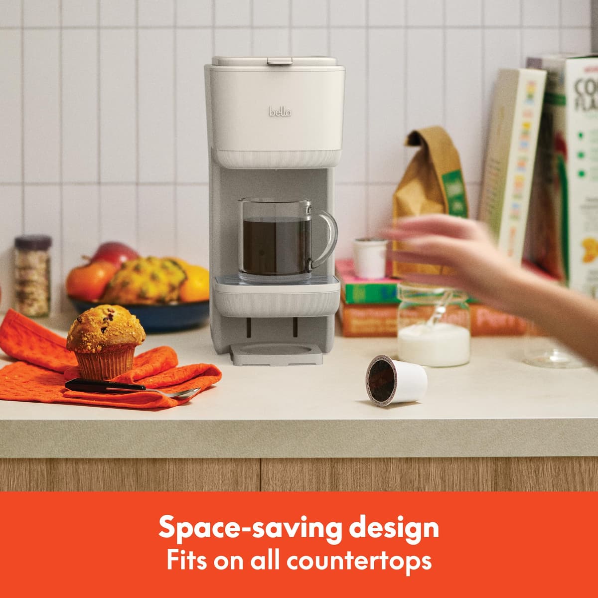 BELLA Single Serve Coffee Maker, K Cup & Coffee Ground Compatible with Removable, Adjustable Drip Tray, Auto Shutoff & Reusable Dishwasher Safe Accessories, Brews 6oz to 14oz, 1000 Watt, Oatmilk — view 7