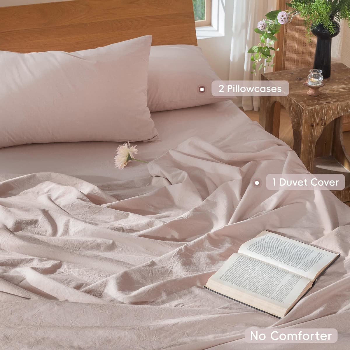 MooMee Bedding Duvet Cover Set 100% Washed Cotton Linen Like Textured Breathable Durable Soft Comfy (Tannish Linen Grey, King) — view 233