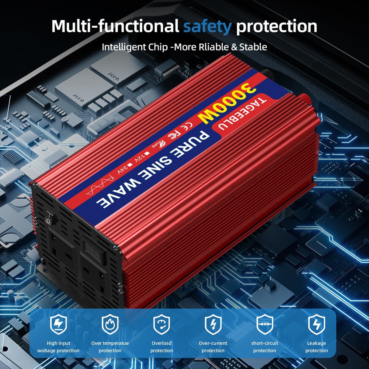 Pure Sine Wave Power Inverter 3000w DC 24V to AC 240V Voltage Converter with 2 AC Outlets,Digital display screen,for Motorhomes,Trucks,Boats,Camping,6000W Peak Power — view 2