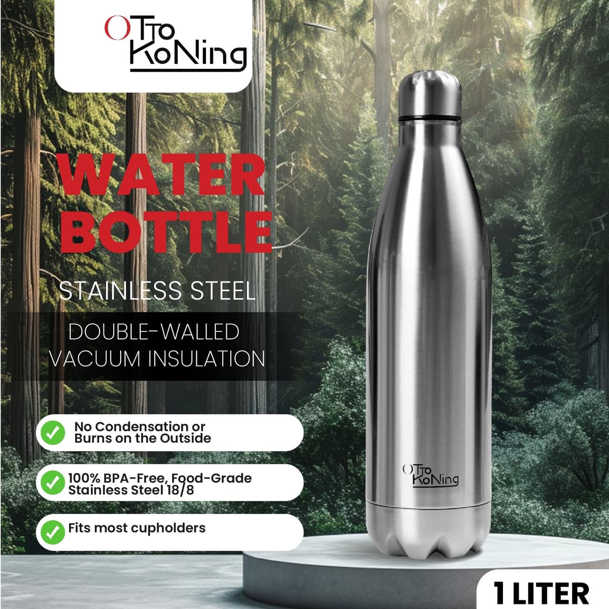 Water Bottle Otto Koning 1L - 1 Litre Stainless Steel Vacuum Insulated Flask - Keeps Cold 24h / Hot 12h - Large Leak Proof & BPA Free Metal Drinks Bottle for Gym, Hiking & Sports — view 2