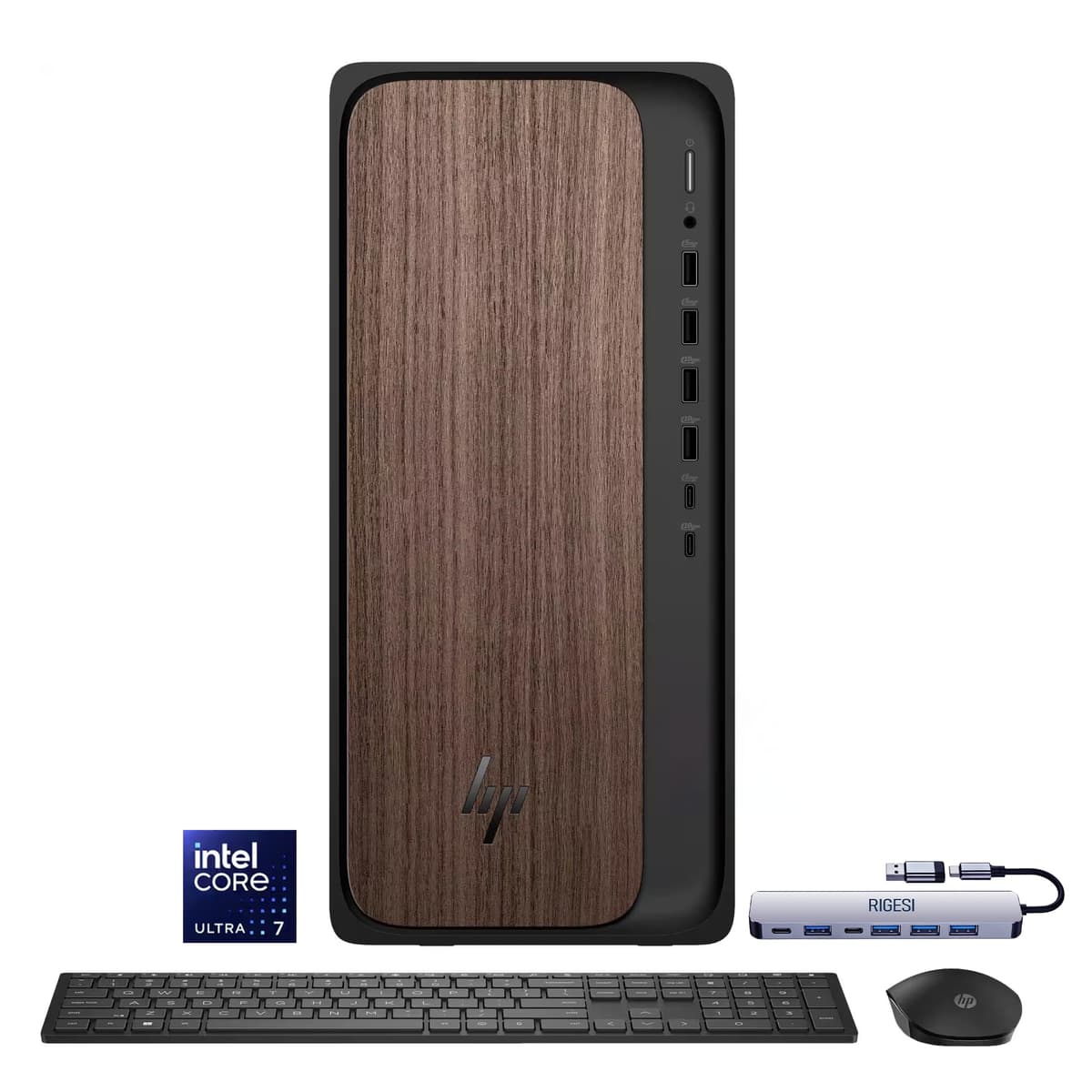 HP OmniDesk Desktop Computer – Intel Core Ultra 7 265,32GB DDR5 1TB SSD,Sleek Dark Wood Design, AI-Ready Performance, Windows 11 Pro with Dockstation