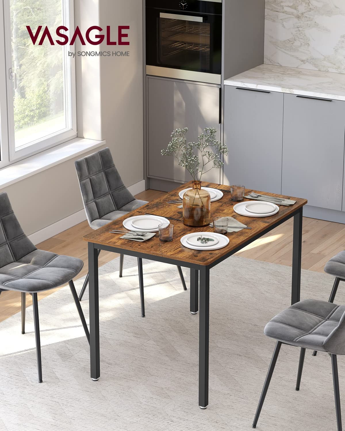 VASAGLE Dining Table, Kitchen Table, 70 x 110 x 77 cm, Dining Table for 4 People, Living Room Desk, for Dining Room, Kitchen, Industrial, Rustic Brown and Black KDT081B01 Rustic Brown + Black without Benches — view 2