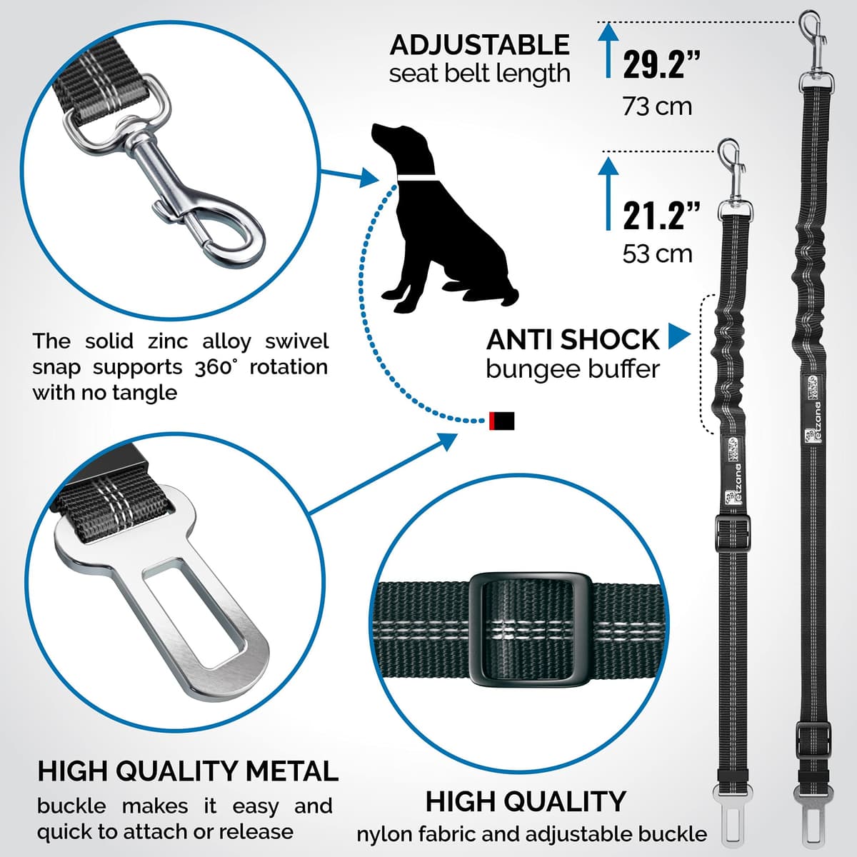 Dog Seat Belt for Car - Adjustable Dog Car Safety Harness (Black) — view 5