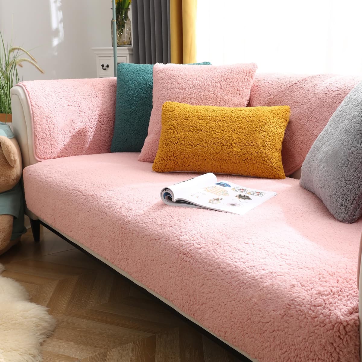 SHANNA Thick Rabbit Plush Sofa Cover 1 2 3 Seater, New Universal Non-Slip Corner Sofa Cover L Shape Super Soft Faux Fur Sofa Slipcovers for Living Room(Grey, 70 * 180cm Seater Cover) — view 23