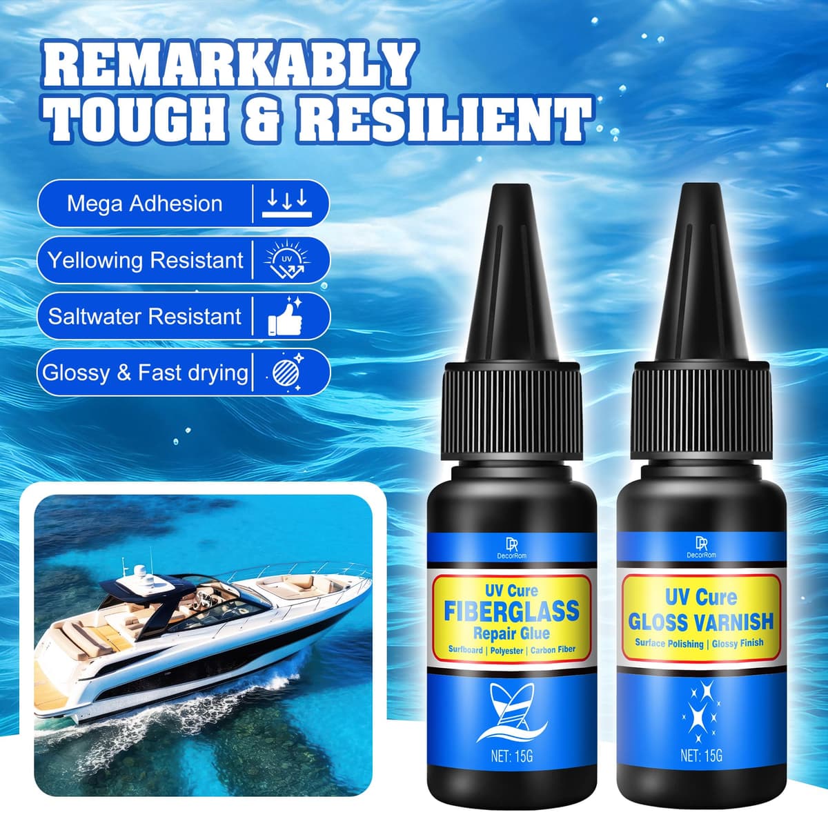 Kit de reparación de Tablas de Surf, Kit de reparación de Fibra de Vidrio Transparente con lámpara UV, Adecuado para Fibra de Carbono y Fibras de poliéster, para Reparar Grietas en Barcos, lanchas — view 3