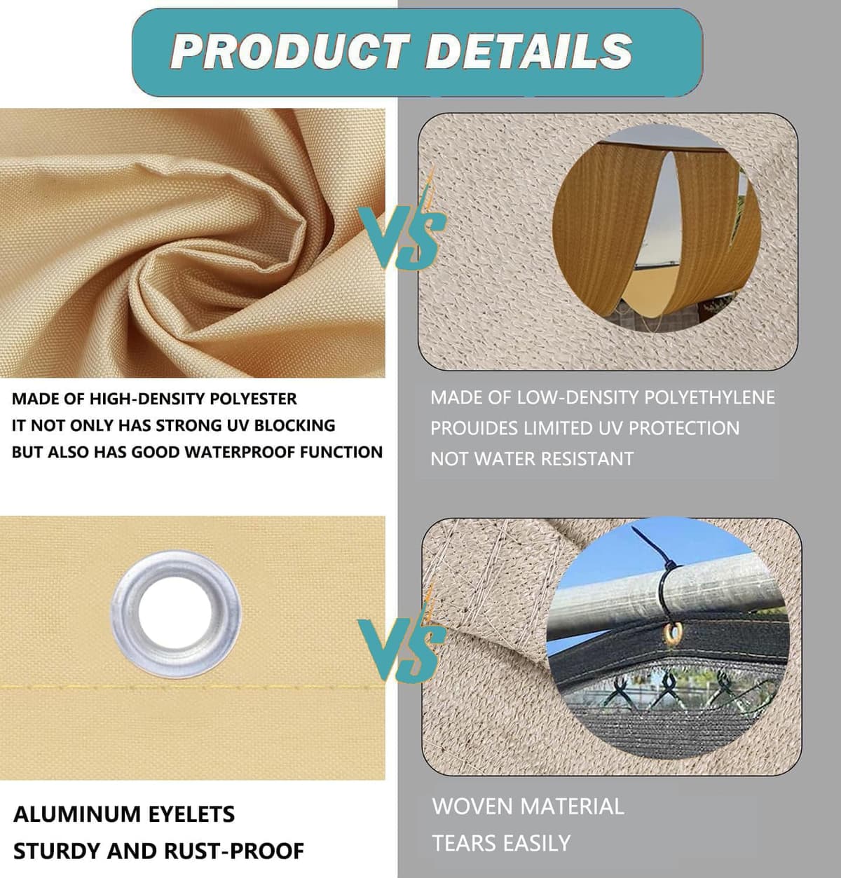 Toldo Vela de Sombra Rectangular 2x3M Impermeable Toldos Exterior Terraza Protección Rayos UV Resistente al Desgarro para Terraza Balcon Patio Exteriores Jardín con Ojales y Cuerdas de Fijación — view 4
