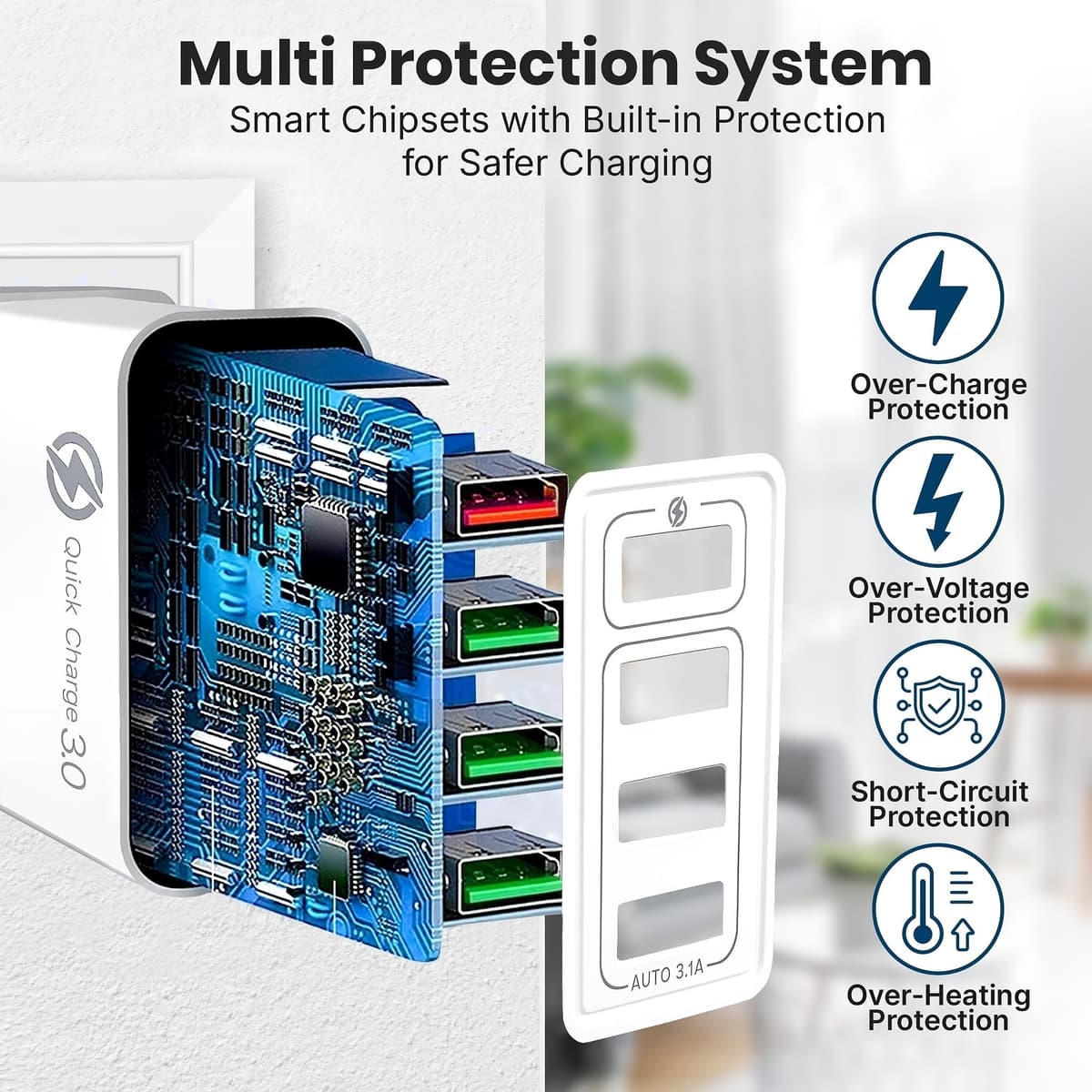 Fast Charger Plug USB Charger – Ultra Fast 4 Port Multi USB Plug Adaptor UK – 33W Quick Charge 3.0 Wall Charger Adapter Plug UK – Phone Charger Plug Fast Charging for iPhone, Samsung, iPad and more — view 5