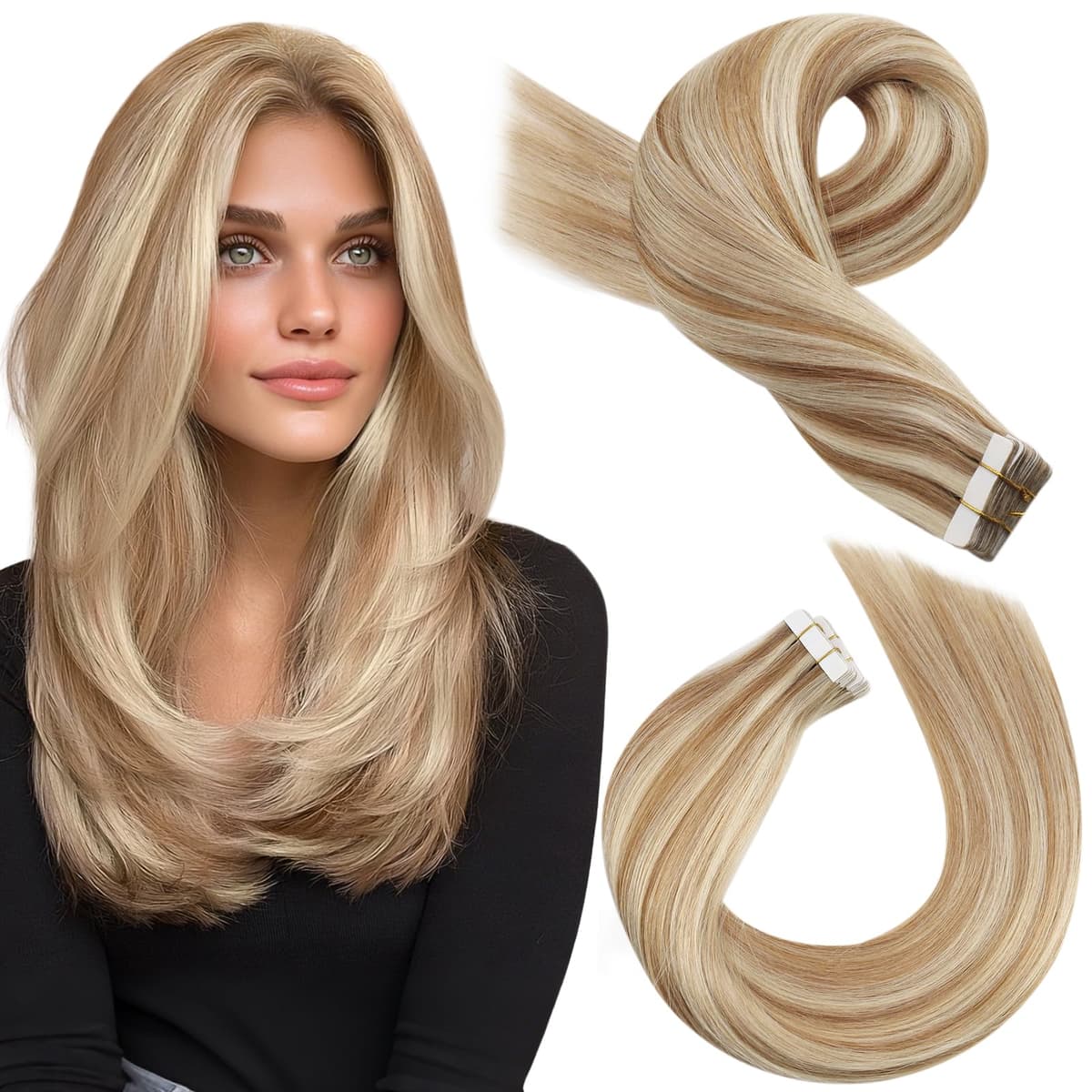Moresoo Tape in Human Hair Extensions 20 Inch Highlight 50g/20pcs Tape in Hair Extensions Human Hair Ash Blonde with Platinum Blonde #P18/613 — view 90