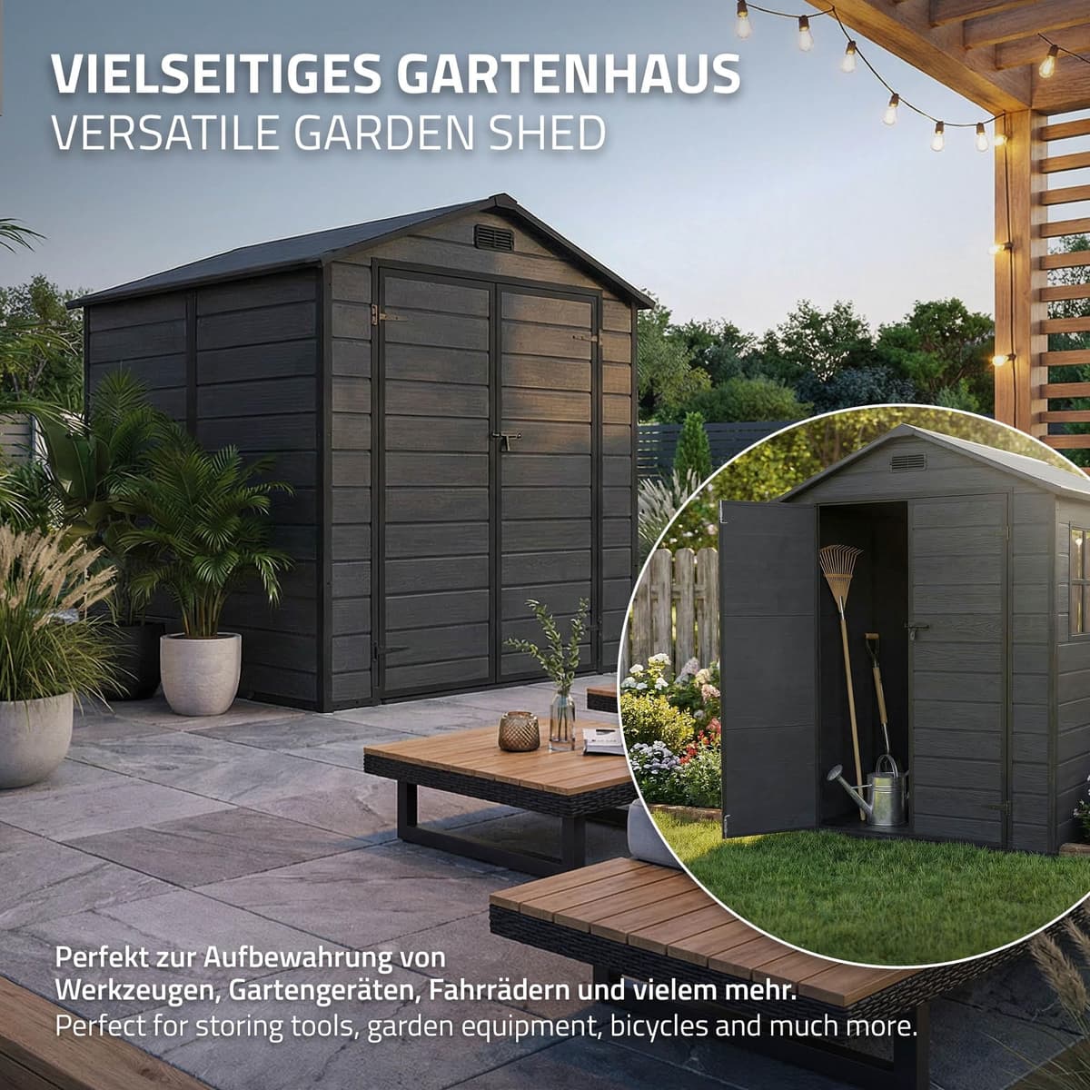 ECD Germany Caseta de Jardín con Suelo, 5m³ 151x182x220 cm, Gris Oscuro, Cobertizo Exterior de Plástico para Almacenamiento de Herramientas, con Tejado en Dos Aguas, Puerta y Ventana de Ventilación — view 5