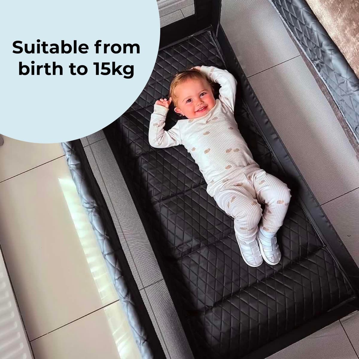My Babiie Travel Cot - Lightweight, From Birth to 15kg, Easy Fold & Compact, Travel Bag, 120cm x 60cm Padded Mattress - Quilted Black — view 2