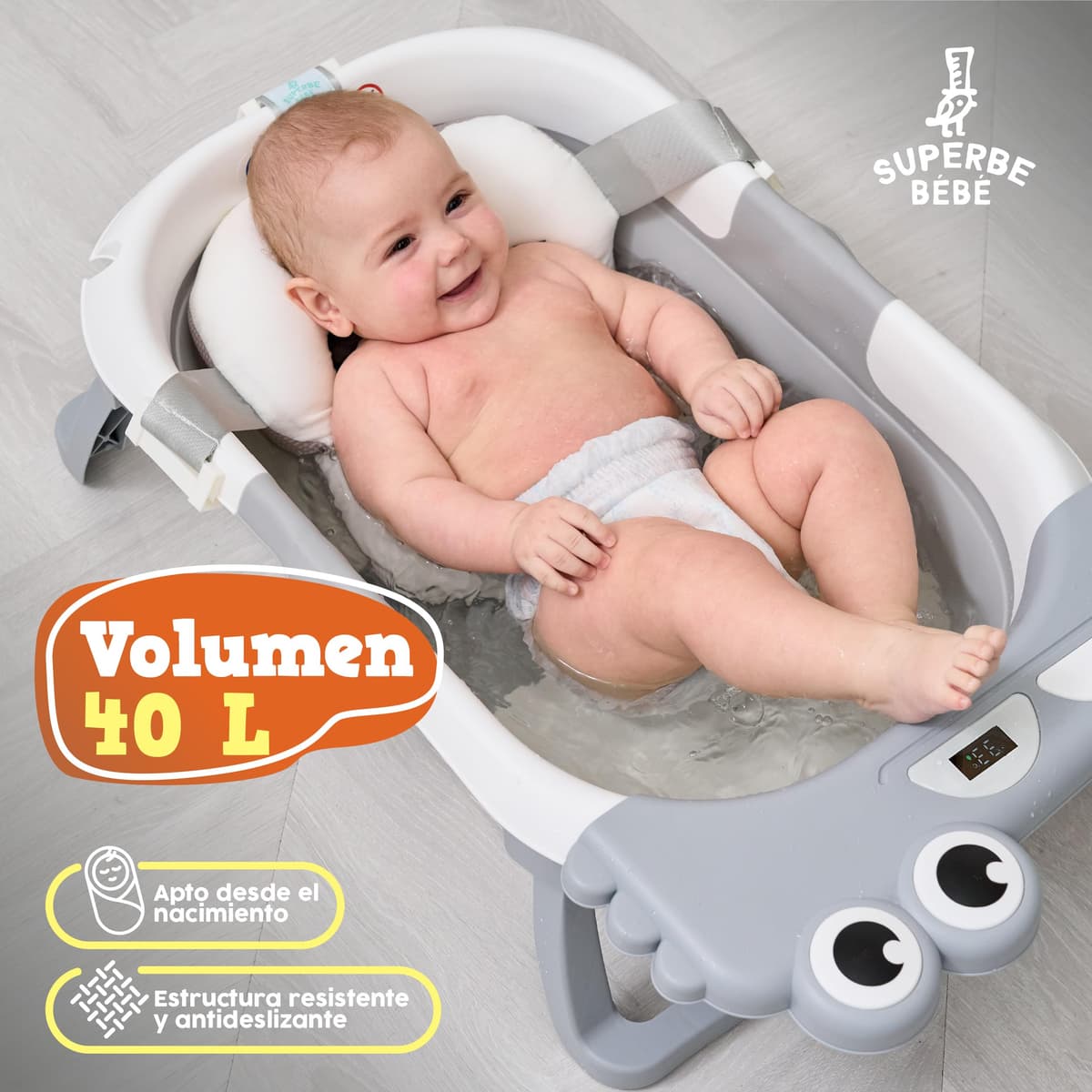 Bañera Plegable Bebé Con Cojín De Baño Antideslizante - Bañera Bebe Plegable Con Termómetro - Asiento bañera Bebe - Desde El Nacimiento Hasta Los 3 Años - Regalos De Nacimiento (GRIS, DINO) — view 4