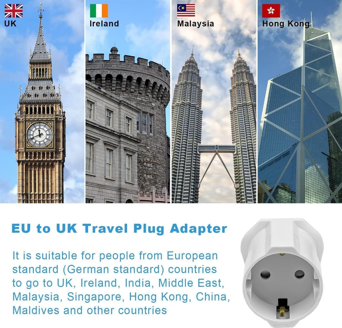 2 Piezas Adaptador Enchufe UK a español Tipo G, Adaptador de Viaje 2-Pin Europa a 3-Pin Reino Unido con Seguridad para niños para Escocia Irlanda Maldivas Dubai Gran Bretaña Singapur Hong Kong — view 3