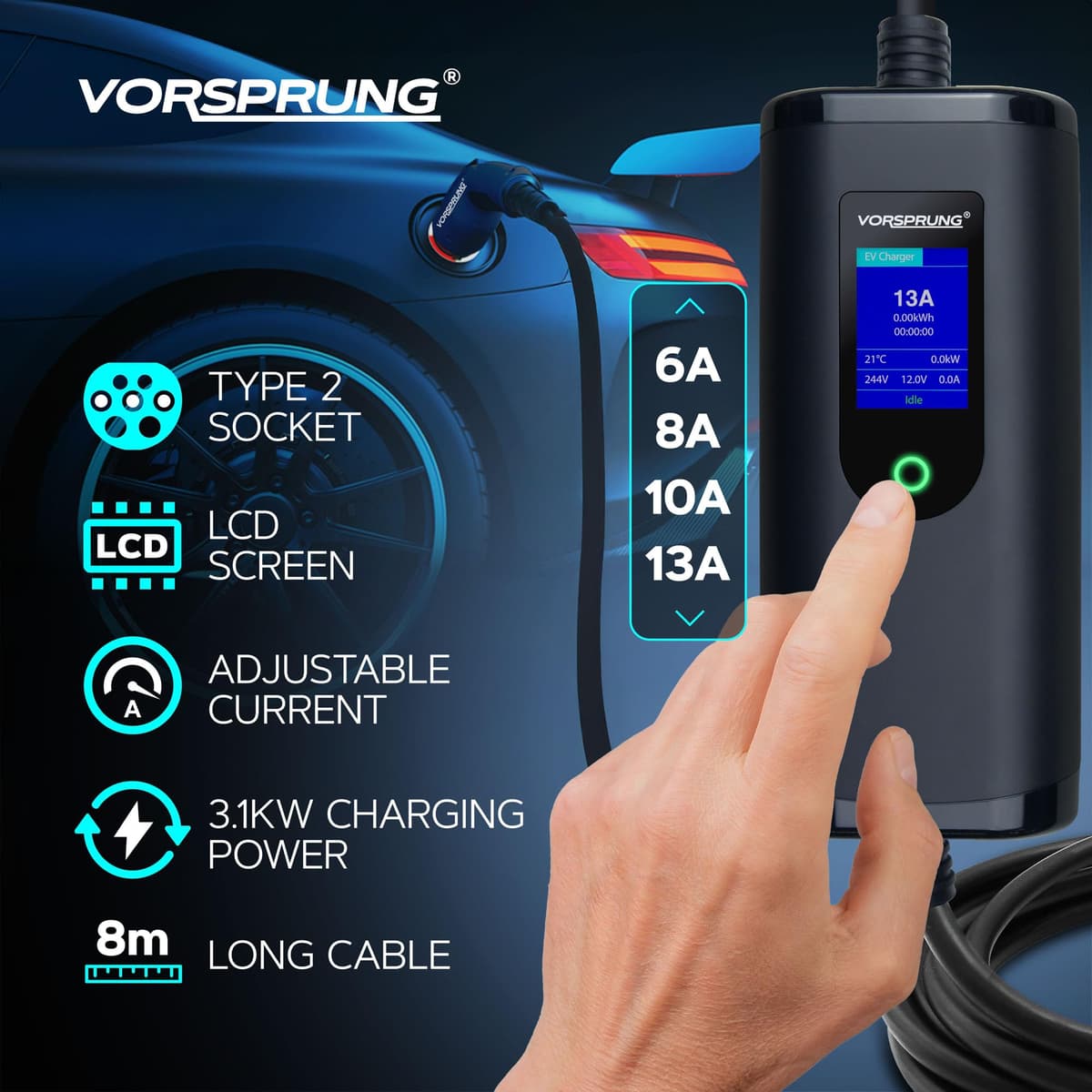 VORSPRUNG® Portable EV Charger Type 2 with 8 Metre 8M Controllable Digital Screen (UK Plug 3 pin), Electric Vehicle Portable Charging Cable Type 2 (type 2 female), 8/10/13A FREE Carry Case (8M) — view 4