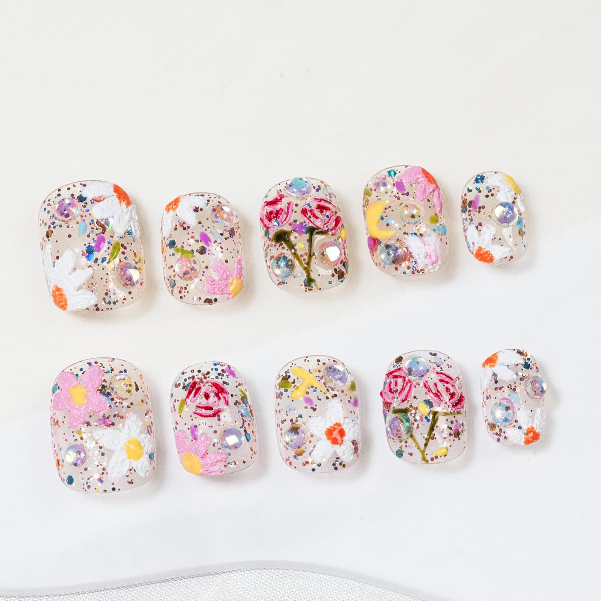 Sun&Beam Nails Handmade Press On Nail Long Coffin Ballerina Pink Flower Acrylic Fake Tip 3D Design Art Charms Cute with Storage Box 10 Pcs (S) — view 101