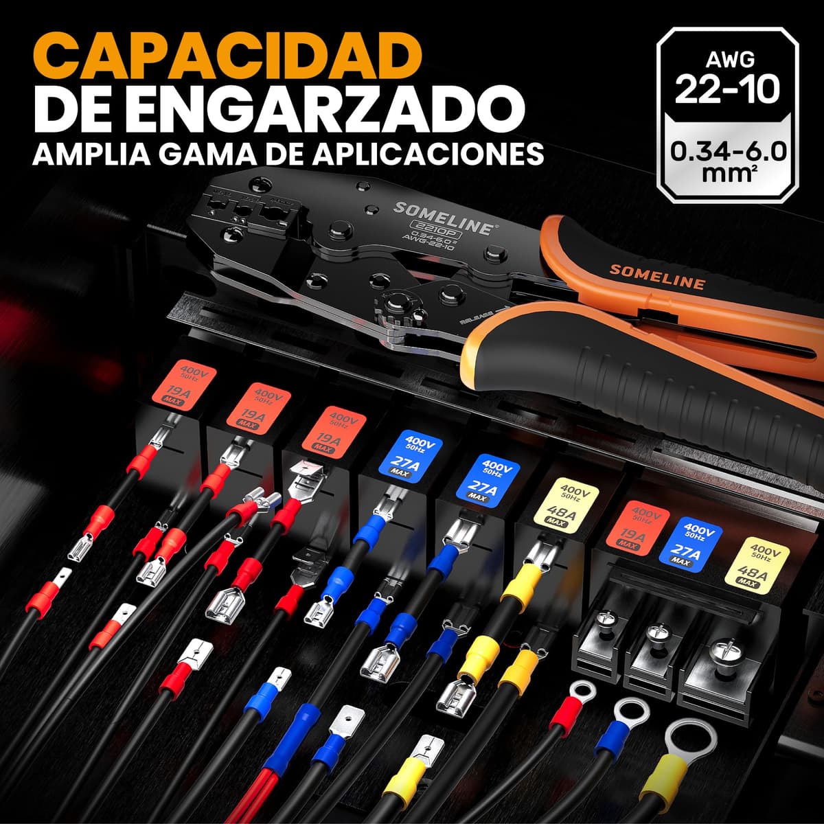 SOMELINE Kit de Crimpadora Terminales Eléctricos, 39 Tipos de Terminales Preaislados, 0,34–6 mm² Crimpadora Autoajustable de Trinquete, para Electricista, Automoción y Bricolaje — view 3