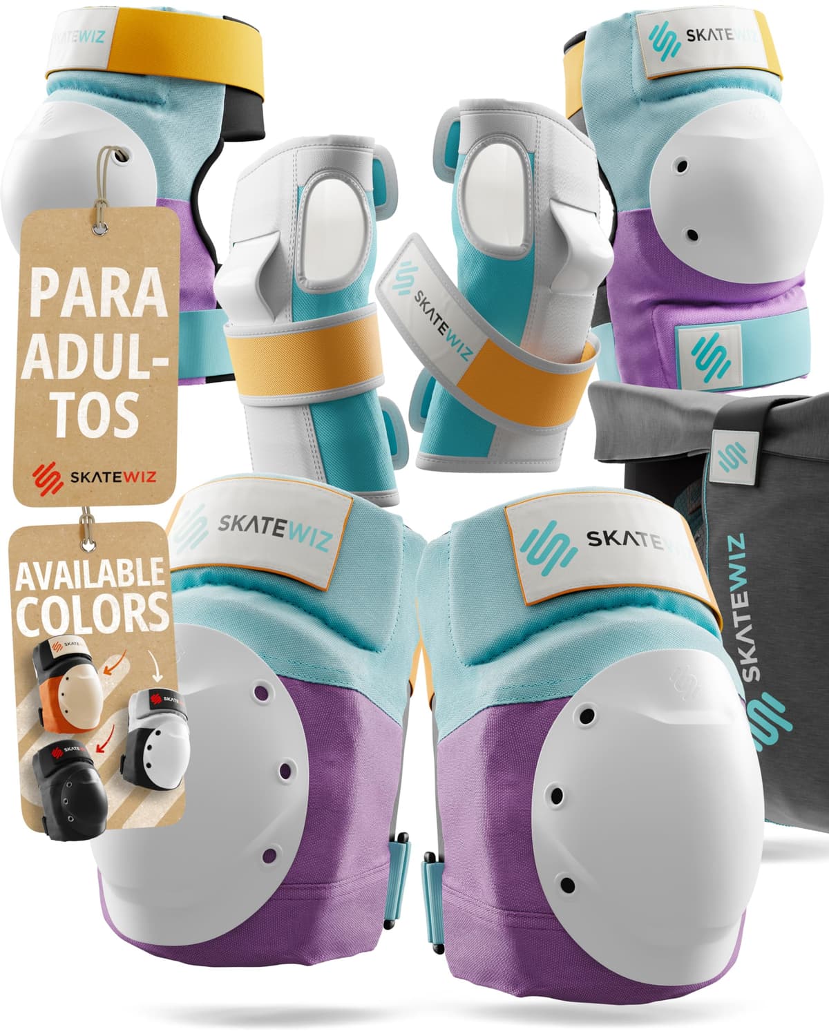 SKATEWIZ Protecciones Patines Adulto, Rodilleras Skate - Protecciones Patines de Hielo - Kit Protección Skate - Rodilleras y Coderas Adulto - Shield Talla M Lavanda