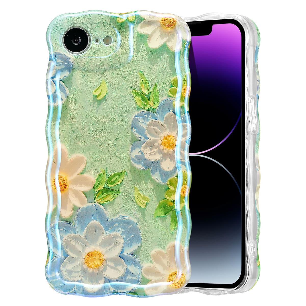 EYZUTAK Case for iPhone 16, Colorful Retro Oil Painting Printed Flower Laser Glossy Pattern Cute Curly Wave Edge Exquisite Phone Cover Stylish Durable TPU Protective Case for Girl Women-Green — view 76