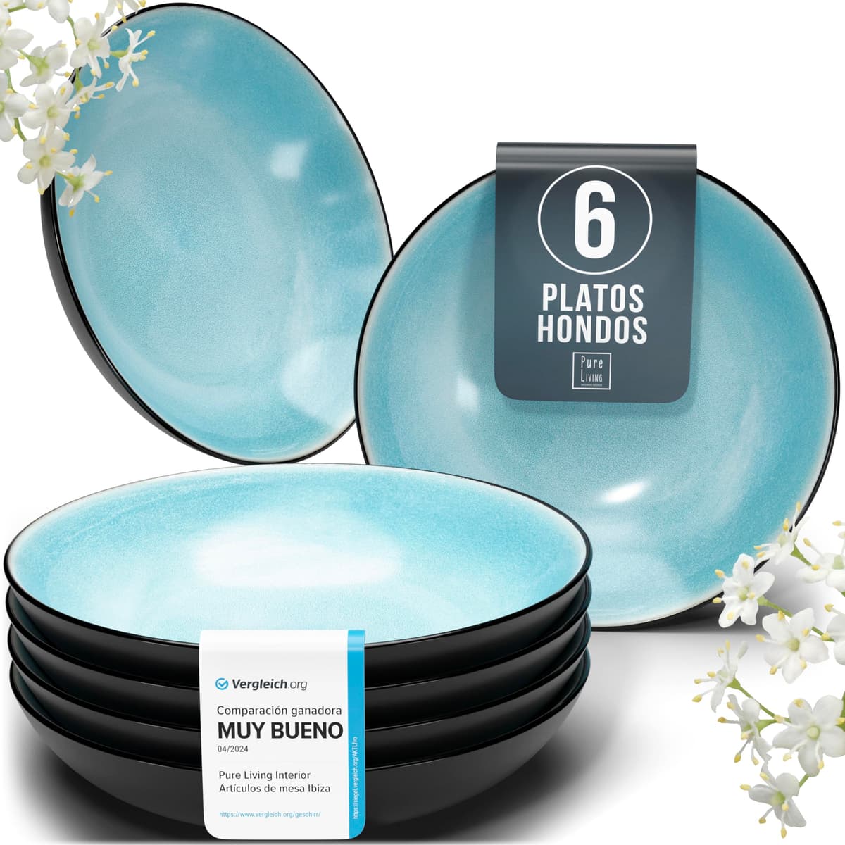 Juego de 6 platos hondos Ibiza – gres premium, resistente a los arañazos, apto para lavavajillas, microondas – Elegante juego de platos hondos – Platos de pasta hondos grandes – Pure Living vajilla