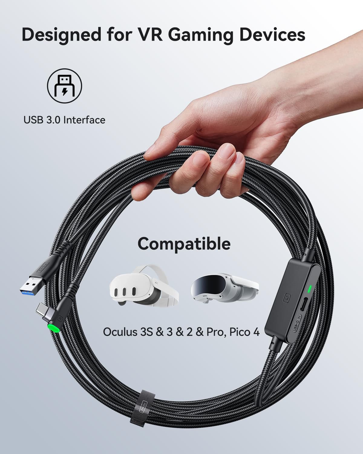 INIU 5M VR Link Cable with Separate Charging Port, USB 3.0 to USB C Cable for Meta Quest 3s 3 2 1 Quest Pro, Pico 4, Steam VR, Gaming PC, High Speed Data Transfer for Virtual Reality Headset - Black — view 3