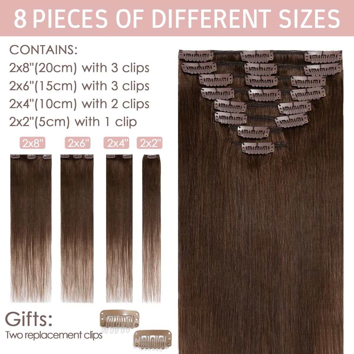 Silk-co 10inch Hair Extensions Clip in Hair Extension Human Hair #04 Medium Brown -Basic Thickness-Thin Weft- 8 Pieces Real Remy Straight Hair Extensions[50g] — view 3
