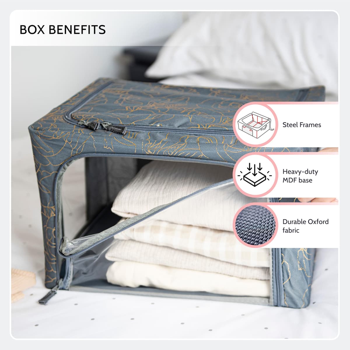 Periea ‘Beau’ Folding Collapsible Stackable Fabric Home Storage Boxes with Steel Frames (Black Grey Floral, Large) — view 5