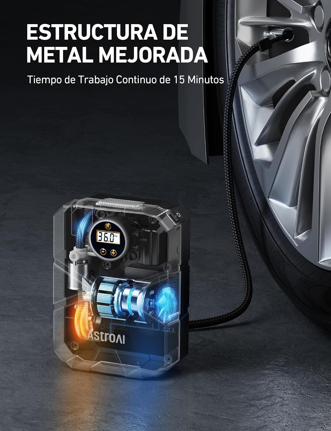 AstroAI Inflador Ruedas Coche Digital 12V, Compresor Aire Portátil 150 PSI, Hinchador Neumáticos Eléctrico con Pantalla LCD y Luz LED para Coche, Bicicleta, Moto y Etc. — view 7