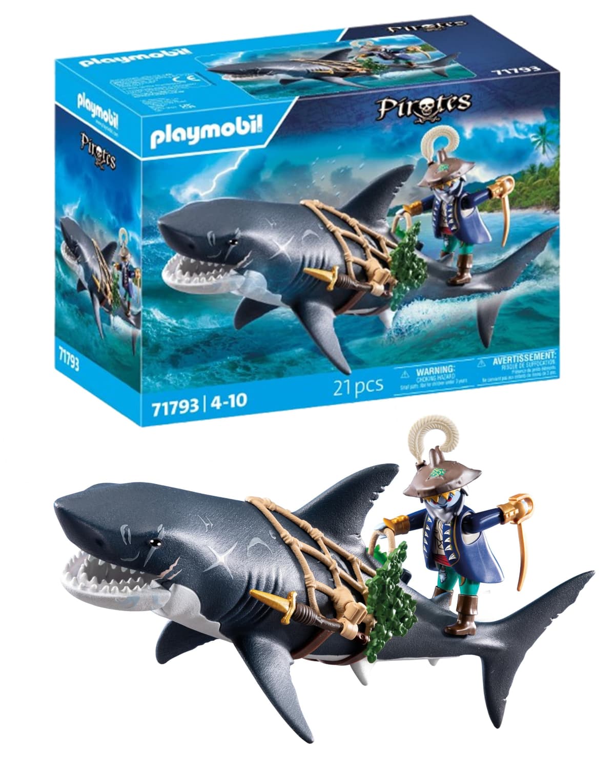 PLAYMOBIL | Pirates | Peligro con el tiburón Gigante | Juguete Pirata | Figuras de Juguete | Juguete para niños y niñas a Partir de 4 años | 71793