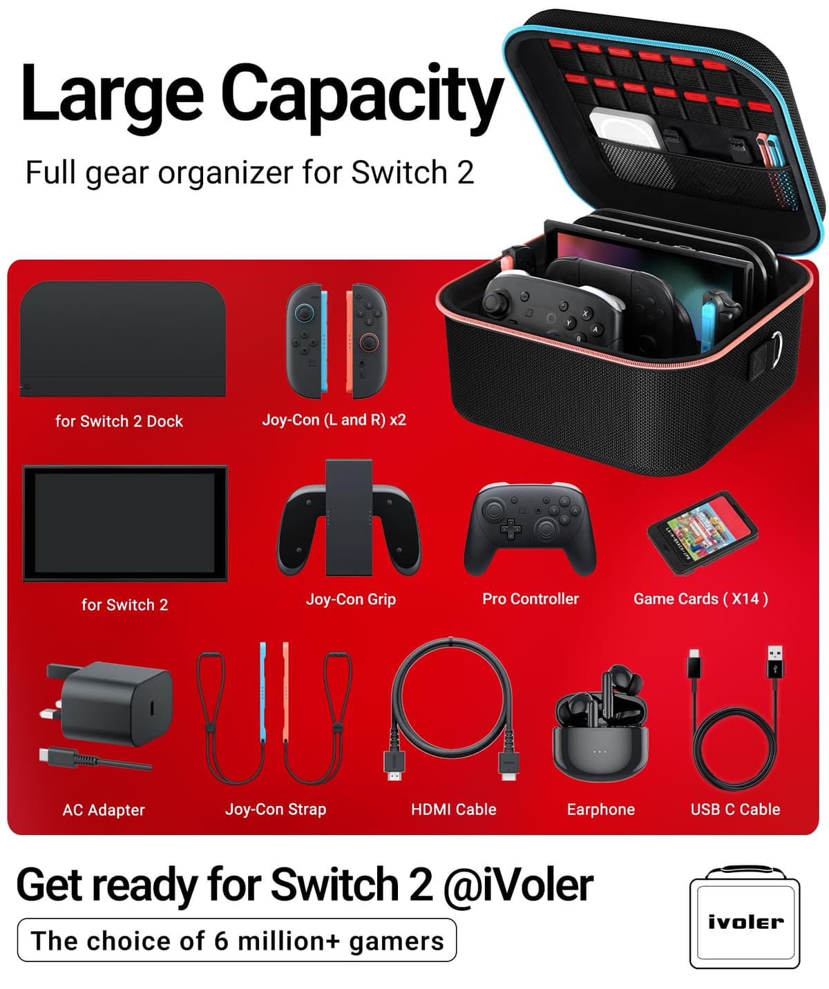 ivoler Funda de Transporte Compacto para Nintendo Switch 2 (2025), Estuche Rígida con Protector de Pantalla y Agarre para el Pulgar, Capacidad para 14 Cartuchos de Juego e Incluye Correa, Negro — view 4