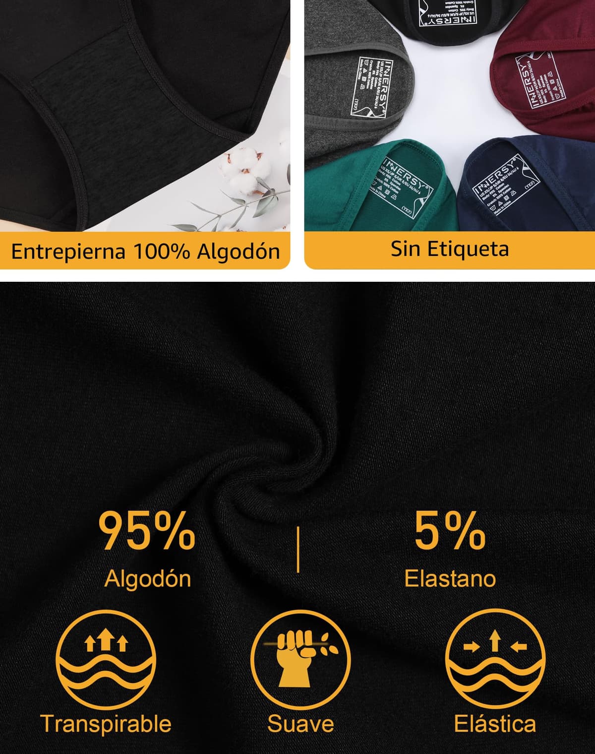 INNERSY Bragas Mujer Algodón Elástico Culotte Cintura Media Ropa Interior Cómodas y Suaves Pack de 6 — view 6