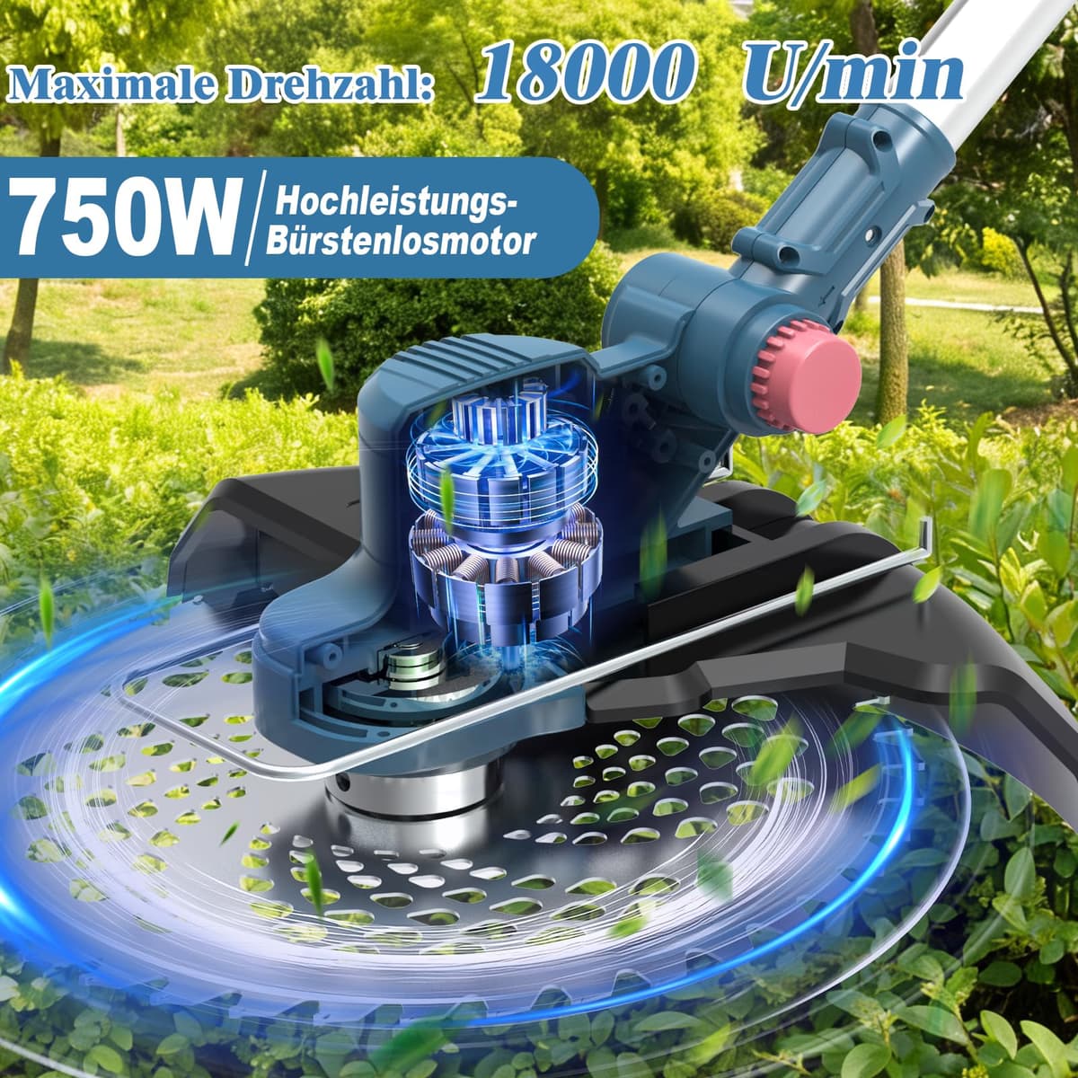Desbrozadora Bateria 21V, Desbrozadora Electrica con 2 x 4.0Ah Baterías, Cortacesped Electrico 5 En 1 Cortabordes Bateria con Cepillo de Malas Hierbas, Motor sin Escobillas, Pantalla LED, Azul — view 2