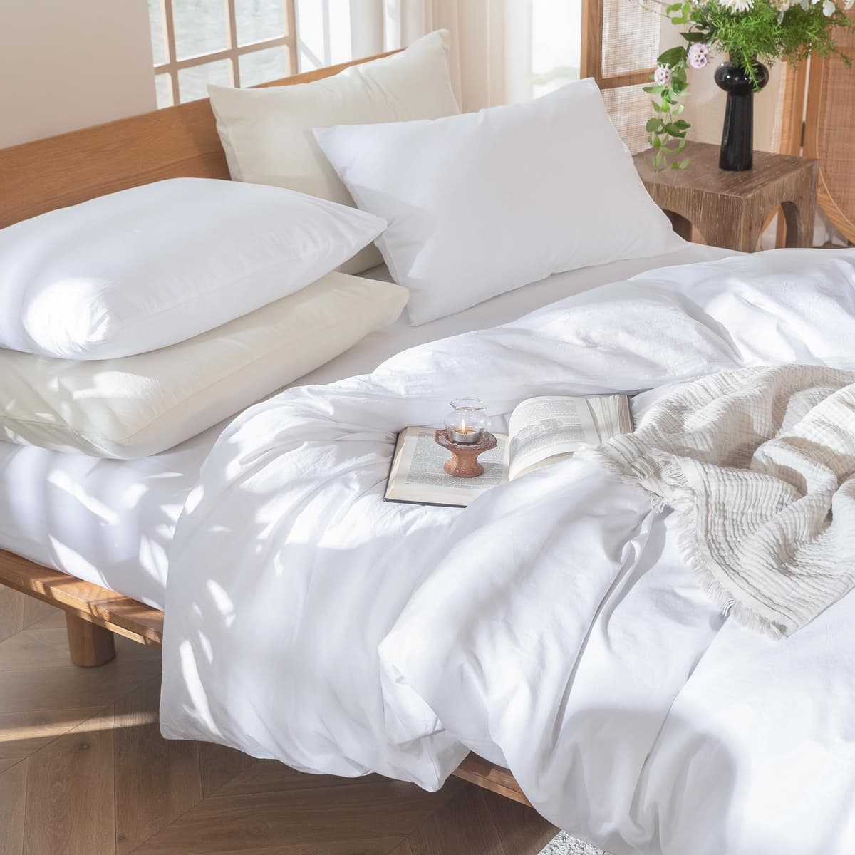 MooMee Bedding Duvet Cover Set 100% Washed Cotton Linen Like Textured Breathable Durable Soft Comfy (Tannish Linen Grey, King) — view 207