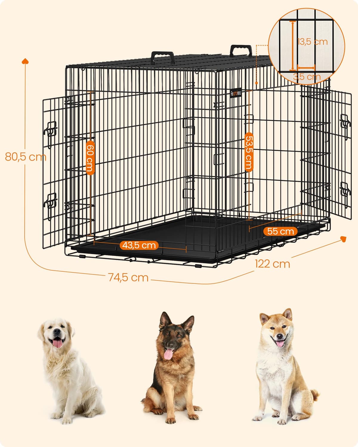 Feandrea Jaula para Perros Plegable con 2 Puertas, Bandeja Extraíble, 122 x 74,5 x 80,5 cm, XXL, Negro PPD48H — view 4