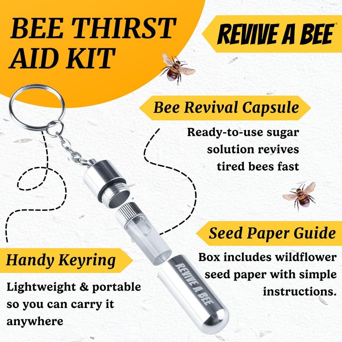 Bee Revival Kit for Saving Tired Bees – Bee Rescue Keyring Gift for Women – Eco-Friendly Plantable Seed Paper Packaging – Rose Gold, Green, Blue, Red, Black, Gold & Silver — view 2