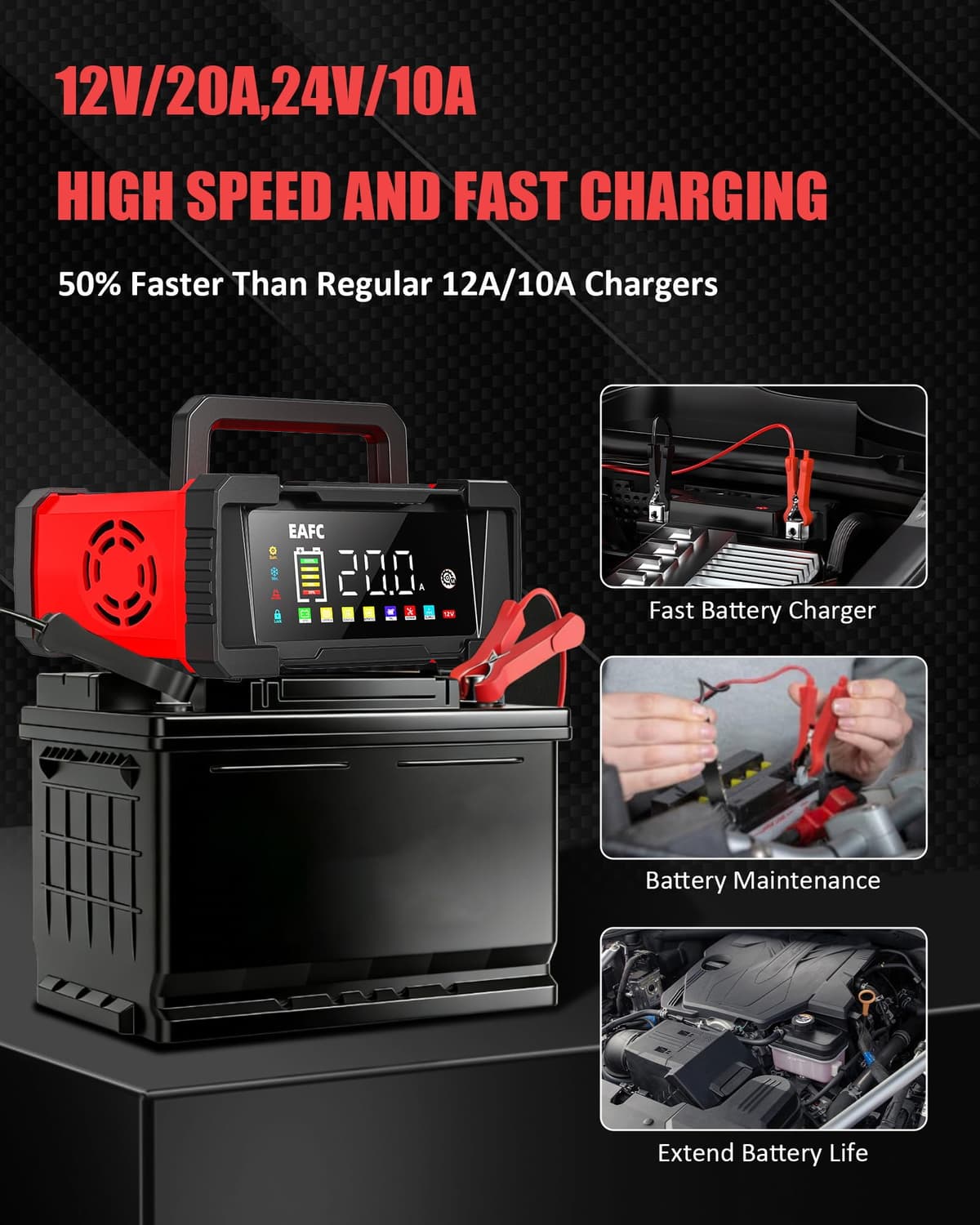 EAFC 20Amp 12V/24V Smart Car Battery Charger & Maintainer – Automatic Lead-Acid & LiFePO4 Battery Charger for Car, Motorcycle, Truck, Boat, Lawn Mower with LCD Display, Trickle Charge & Repair Mode — view 4