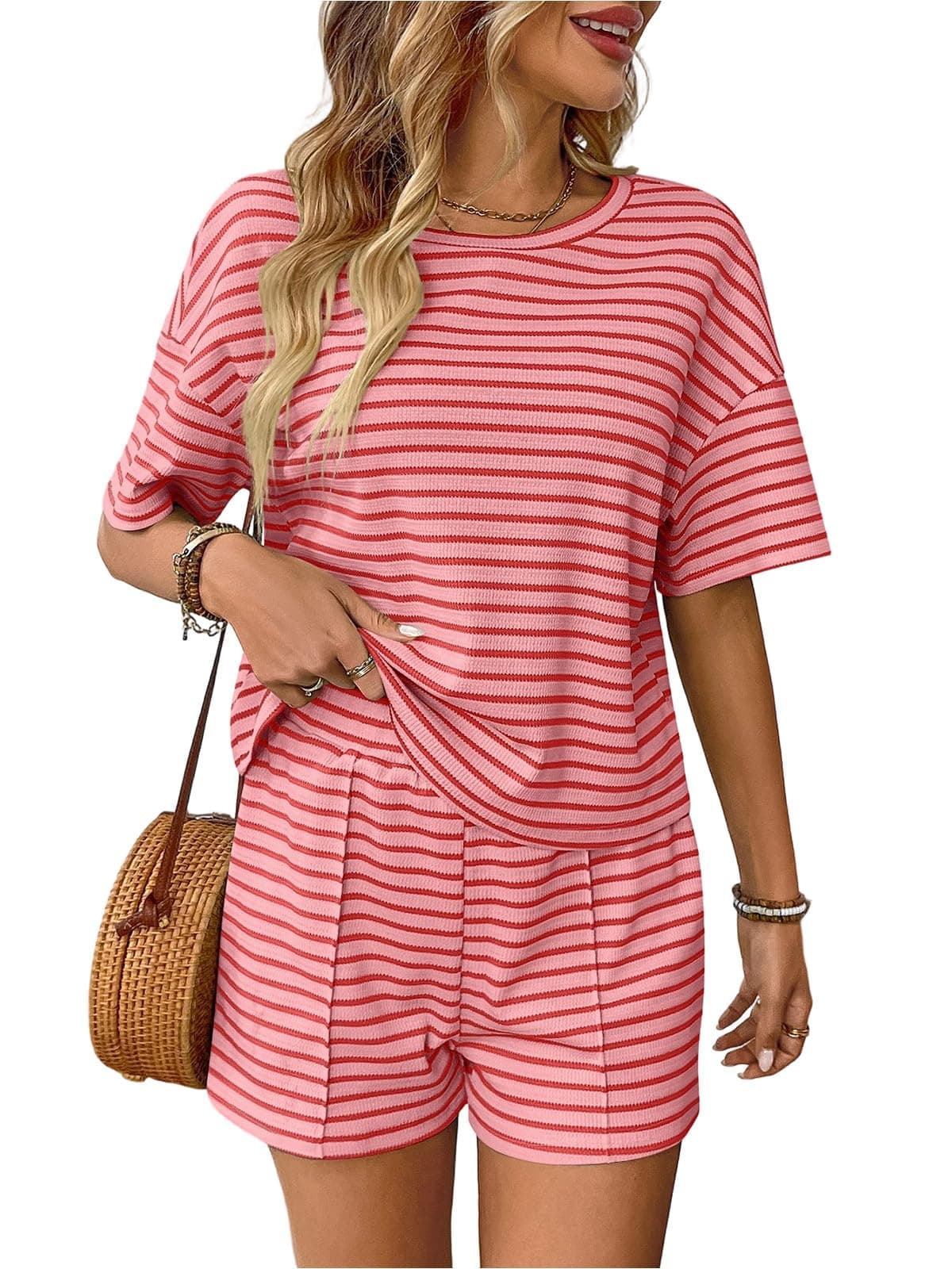 crazy bean Conjunto Chándale Mujer Verano 2 Piezas Casual Pantalones Cortos y Top Camiseta Manga Corta Camiseta Manga Corta a Rayas Cuello Redondo Deportivo