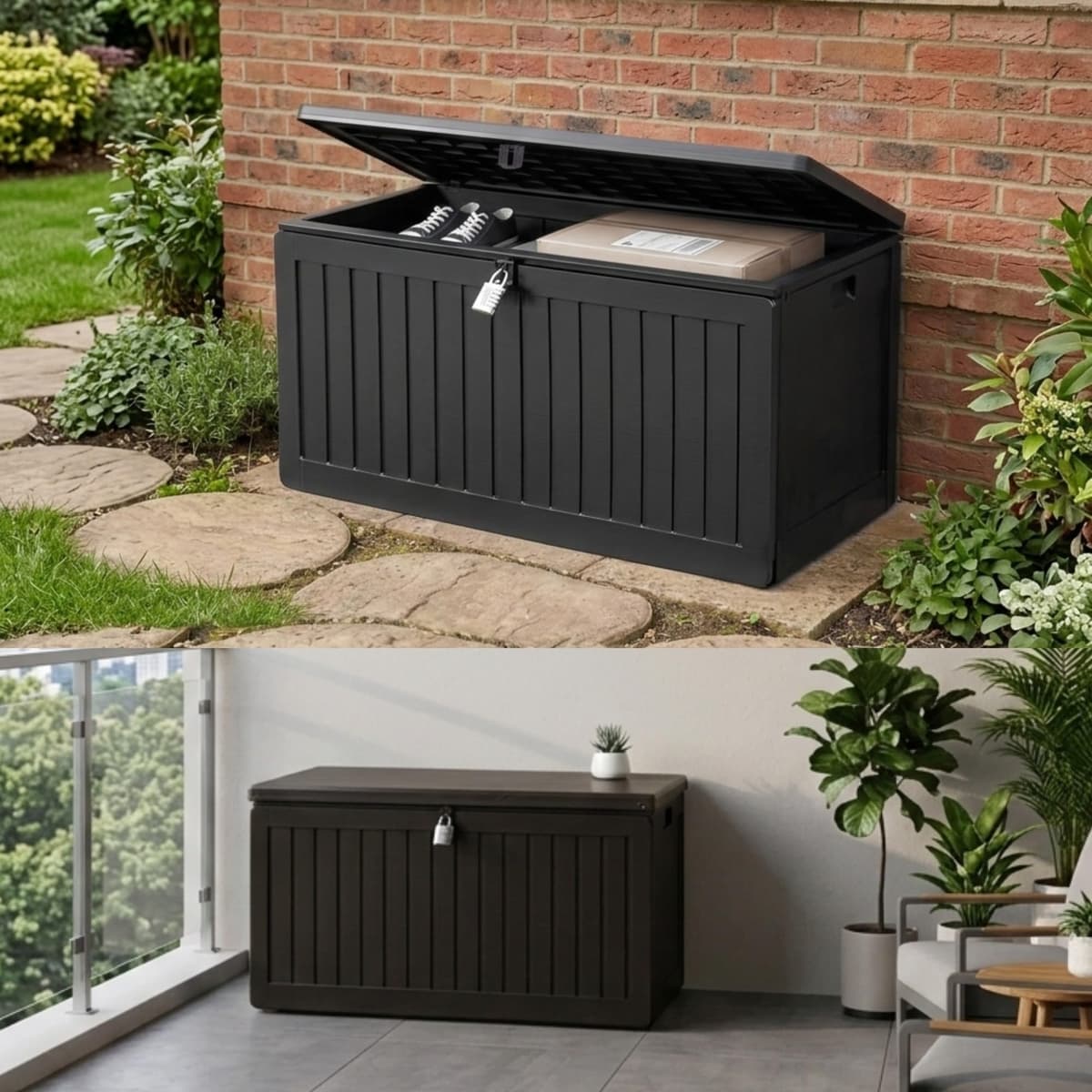 Olsen & Smith Lockable Outdoor Garden Plastic Storage Box Container Chest - Small Lawn Balcony Furniture, Weather Resistant, Wood Panel Effect (270L) — view 5
