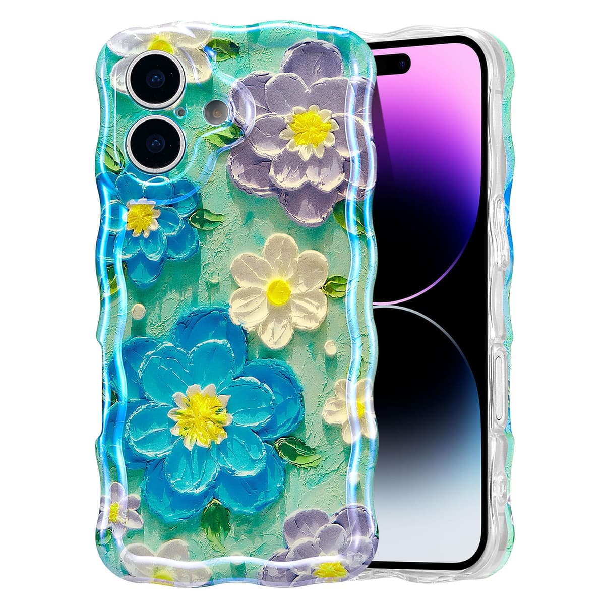 EYZUTAK Case for iPhone 16, Colorful Retro Oil Painting Printed Flower Laser Glossy Pattern Cute Curly Wave Edge Exquisite Phone Cover Stylish Durable TPU Protective Case for Girl Women-Green — view 72