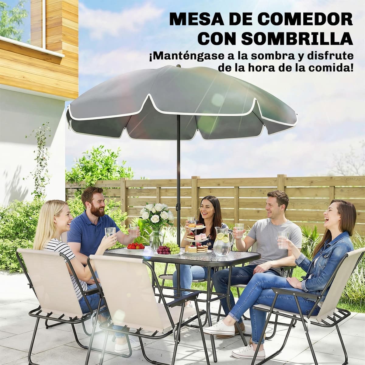 Outsunny Conjunto de Mesa y Sillas Jardín de 8 Piezas, Muebles de Jardín Exterior con Sombrilla, 6 Sillas Plegables, Mesa de Vidrio Templado, para Terraza, Patio, Crema — view 5