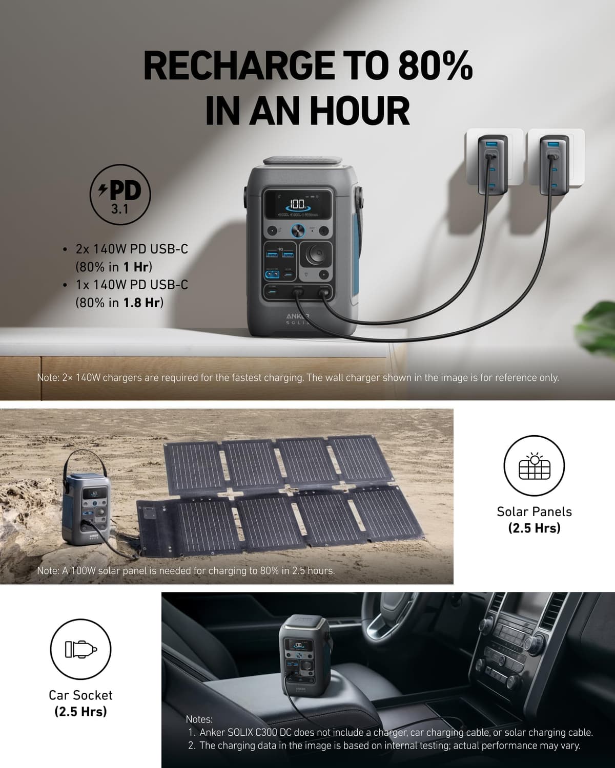 Anker SOLIX C300 DC Portable Power Station & Power Bank, 288Wh LiFePO4 Battery, 300W Solar Generator, for Camping, Outdoors, Travel & Emergency (No Wall Adapter Included) — view 4