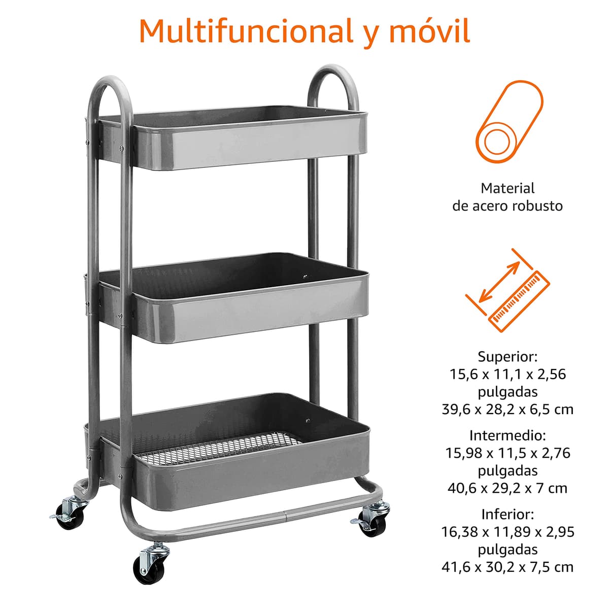 Amazon Basics Carrito de cocina o multiuso de 3 estantes con ruedas, Gris Oscuro — view 4