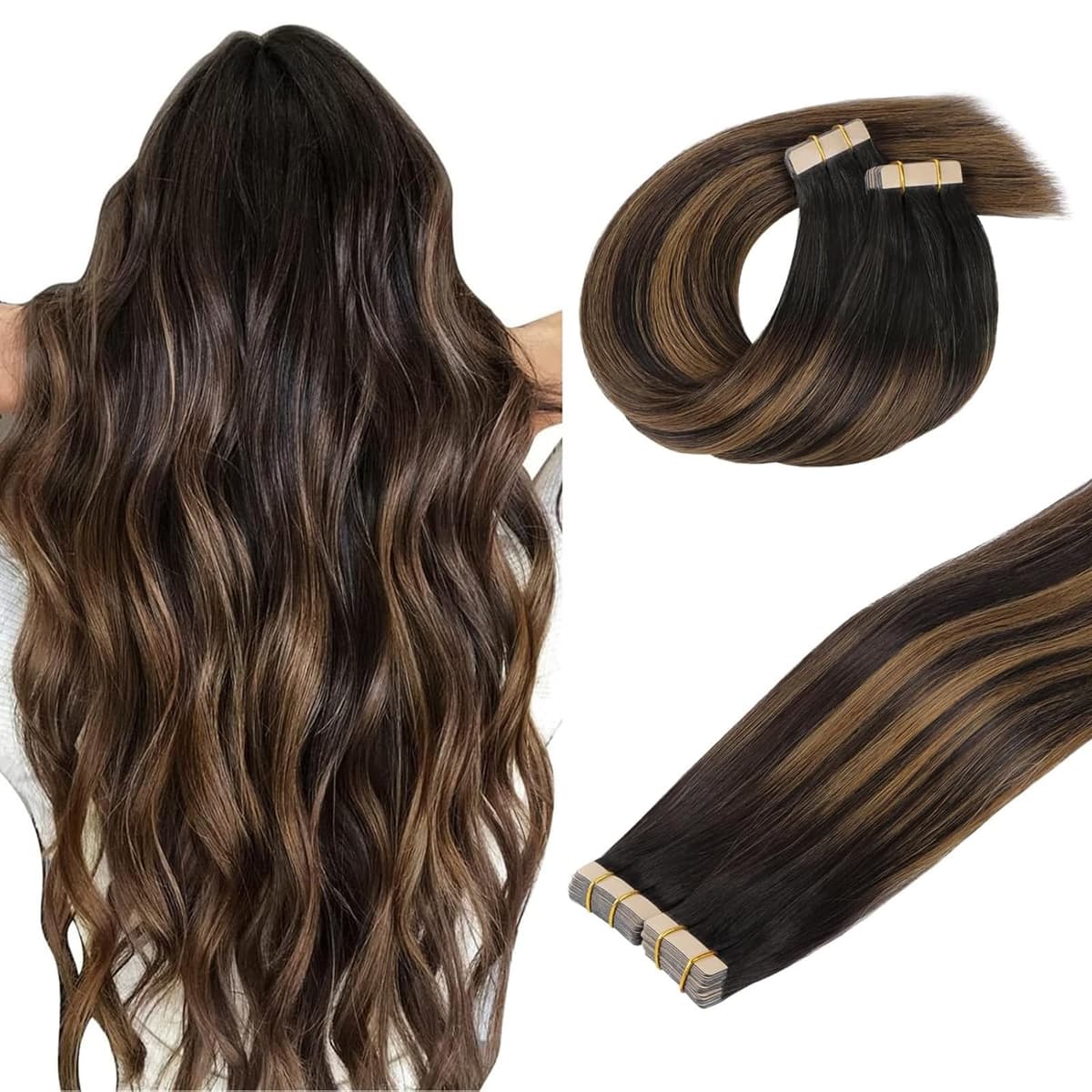 DOORES Tape in Hair Extensions Human Hair, Balayage Dark Brown to Chestnut Brown 50g 20pcs 18 Inch, Human Hair Extensions Natural Remy Straight Skin Weft — view 73