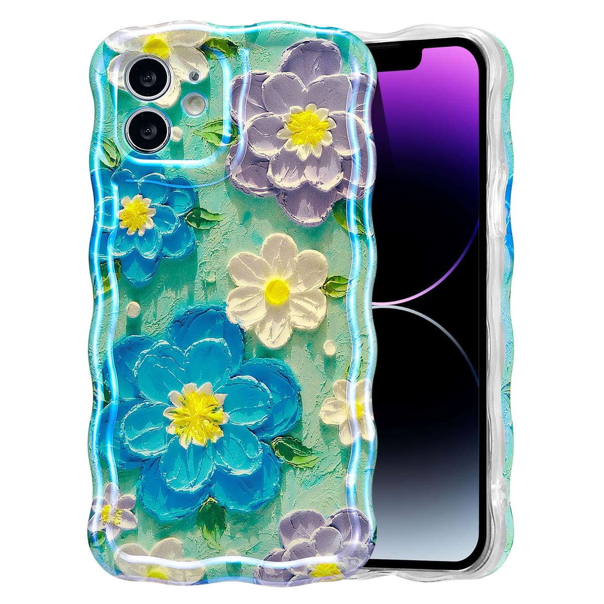 EYZUTAK Case for iPhone 16, Colorful Retro Oil Painting Printed Flower Laser Glossy Pattern Cute Curly Wave Edge Exquisite Phone Cover Stylish Durable TPU Protective Case for Girl Women-Green — view 96