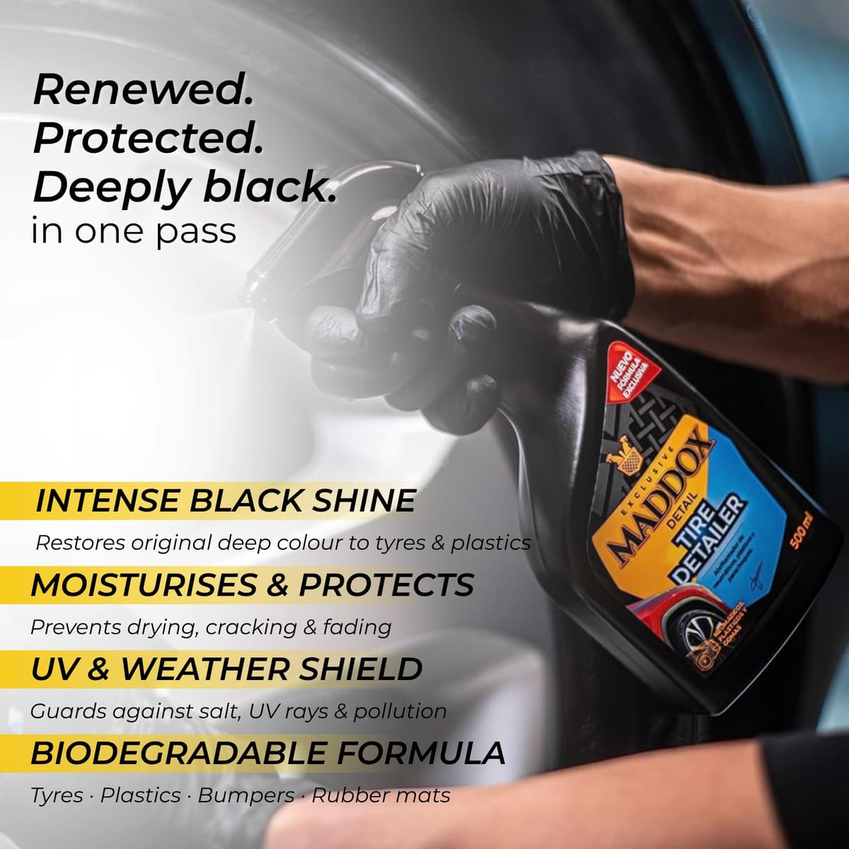 Maddox Detail | Abrillantador de Neumáticos y Plásticos | Restaurador de Gomas Coche | Hidratador de Gomas de Exterior | Protege y Brilla | Abrillantador Plasticos Coche | Tire Detailer 500 ml — view 5