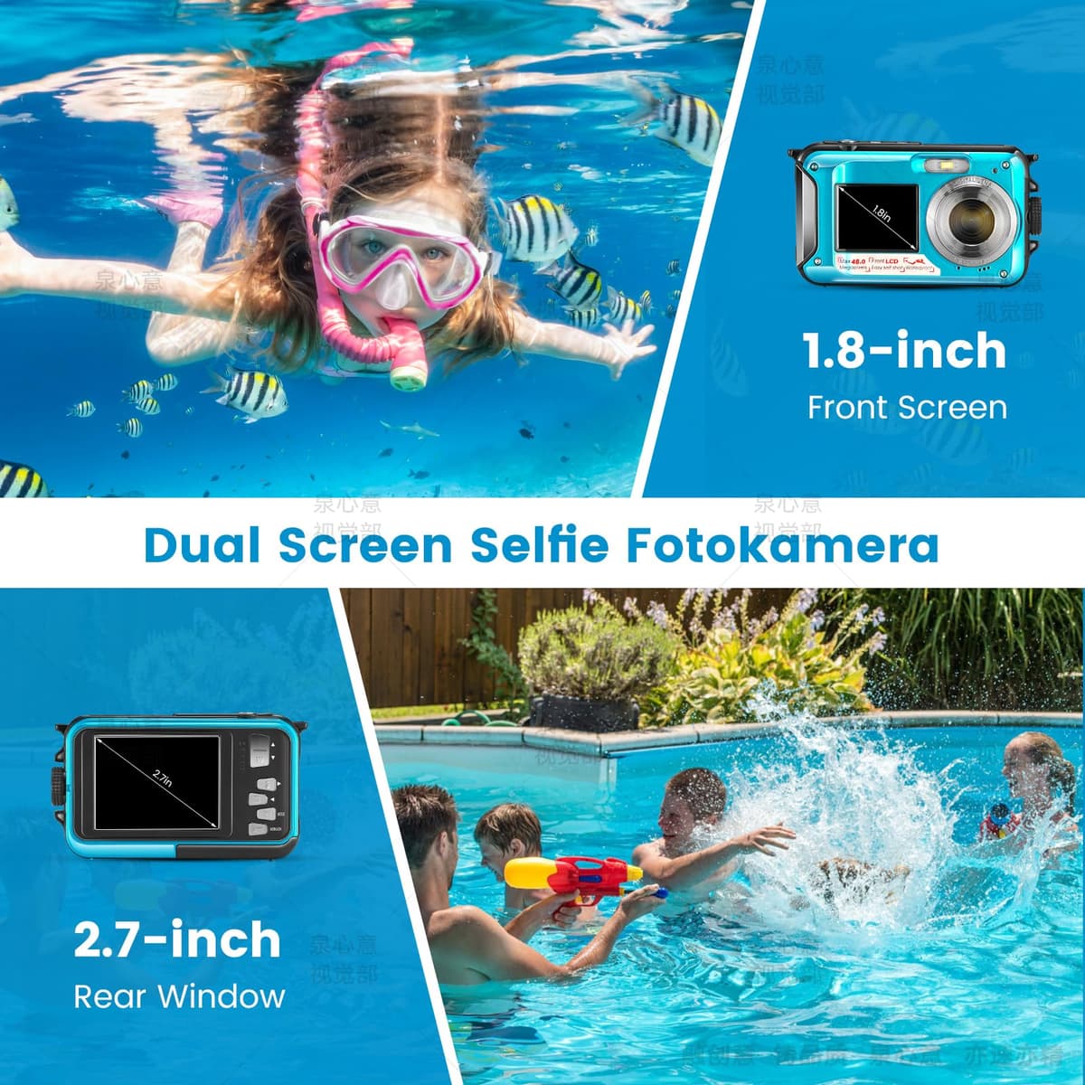 Cámara Digital Impermeable, Cámara Submarina HD 2.7K 48MP con Doble Pantalla para Buceo 3M para Nadar, Zoom Digital 16X Anti-Vibración, Azul — view 3