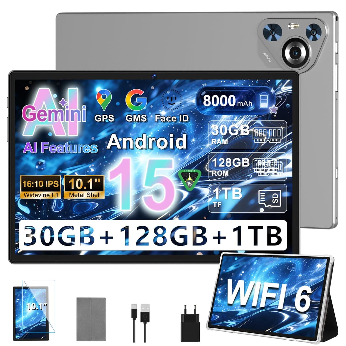 Tablet 10 pollici Android 14, 22GB RAM 128GB ROM/TF 1TB, Octa-Core, 8000mAh, Corpo in Metallo, Face ID, Doppio WiFi, 8MP+5MP, Widevine L1, Protezione Occhi, Tastiera, Mouse, Blue — view 3